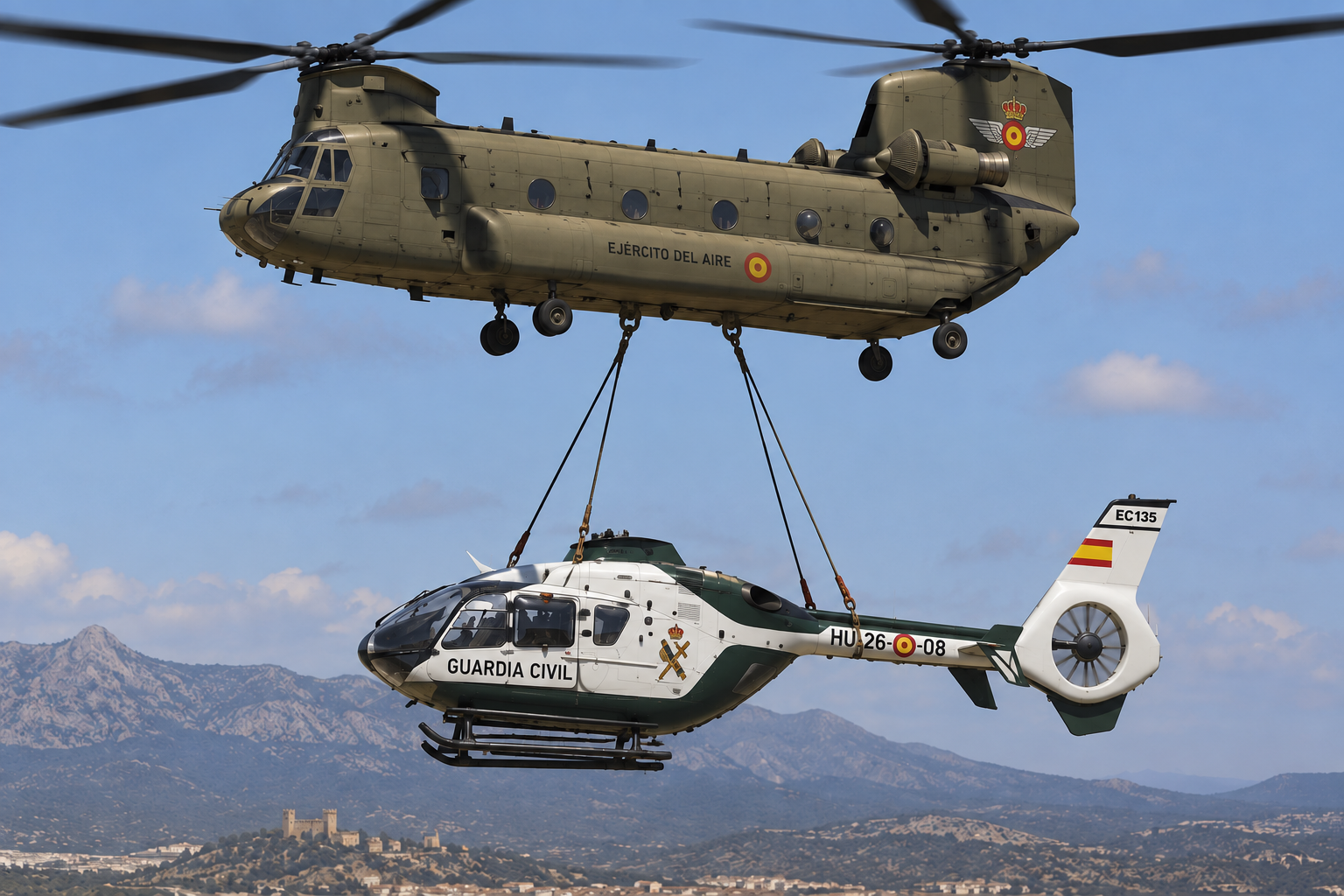 Un Chinook del Ejército recupera un EC-135 de la Guardia Civil accidentado en la Sierra de Gredos